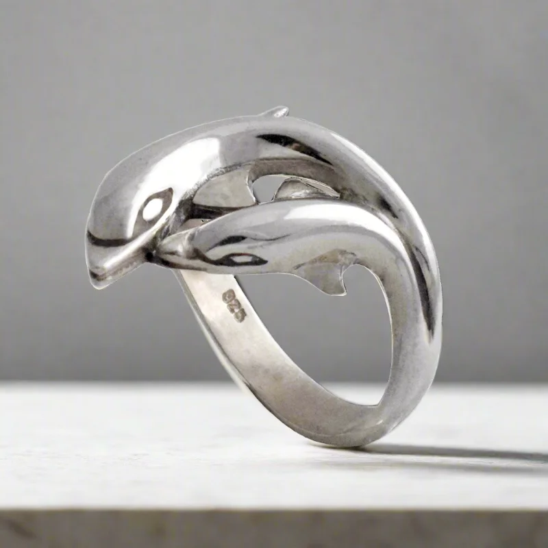 Ladies rings for family charm -Minoan Dolphins Ring in Sterling Silver, womens jewelry (DT-80)