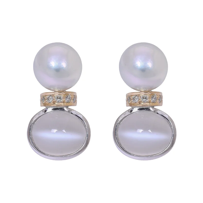 Ladies earrings with fin charms -Earrings- Moonstone, South Sea Pearl and Diamond