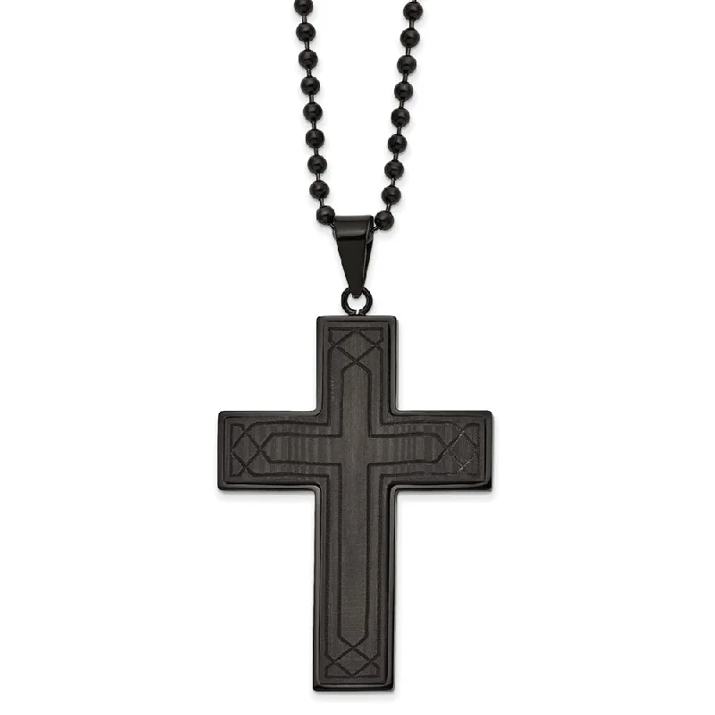 ladies-rose-gold-pearl-necklaces-Black Plated Stainless Steel Black Carbon Fiber Cross Necklace, 24 In