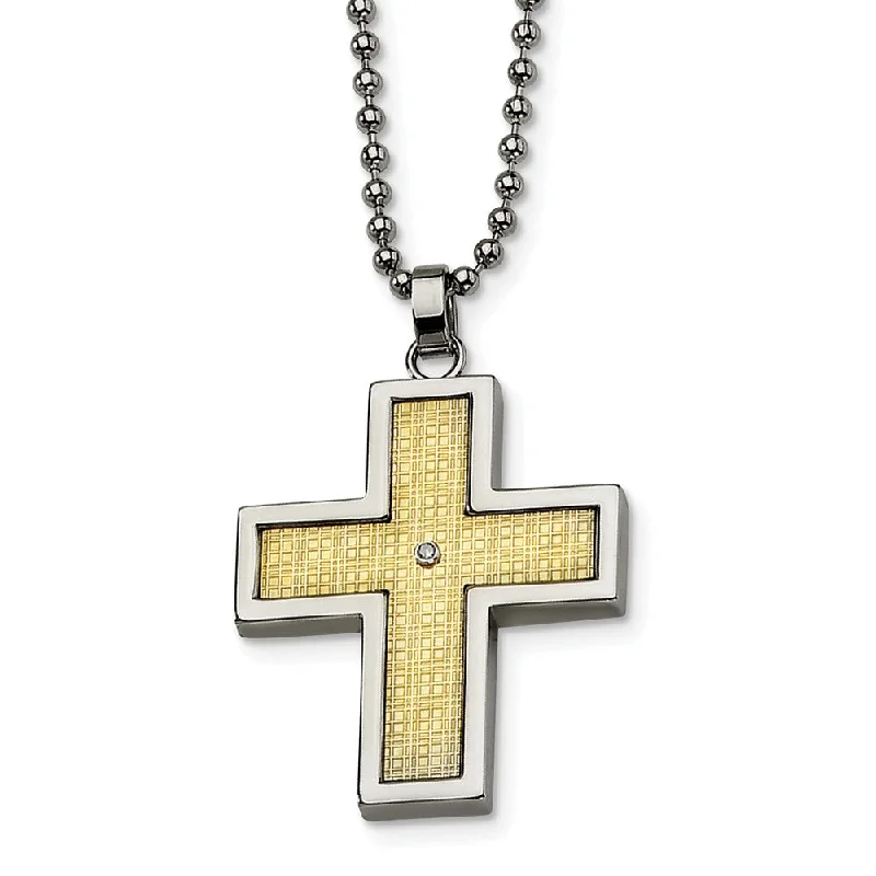 ladies-gift-lariat-necklaces-Stainless Steel, 14k Gold and Diamond Accent Cross Necklace