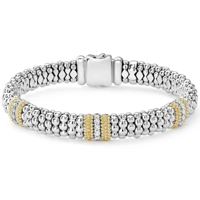 ladies-custom-link-chain-bracelets-Three Station Diamond Caviar Bracelet | 9mm (Size M)