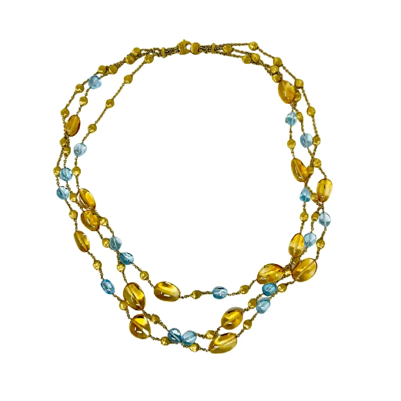 ladies-heart-station-necklaces-Marco Bicego Triple Strand 18K Gold 24" Necklace with Citrine and Topaz