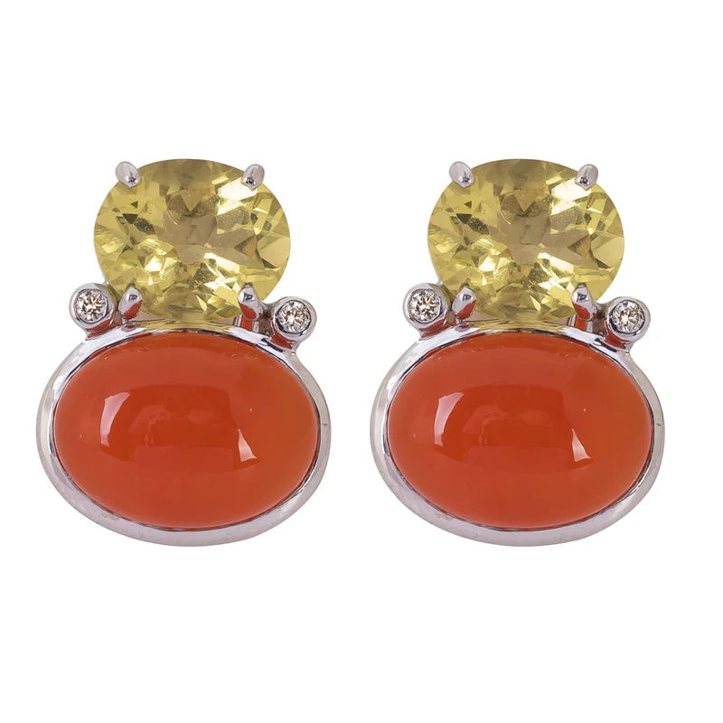 Ladies earrings with dawn sunstone -Earrings- Cornelian, Lemon Quartz and Diamond