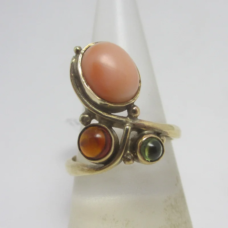 Ladies rings with tide designs -Coral Peridot & Citrine 9k Gold Ring Vintage 2006