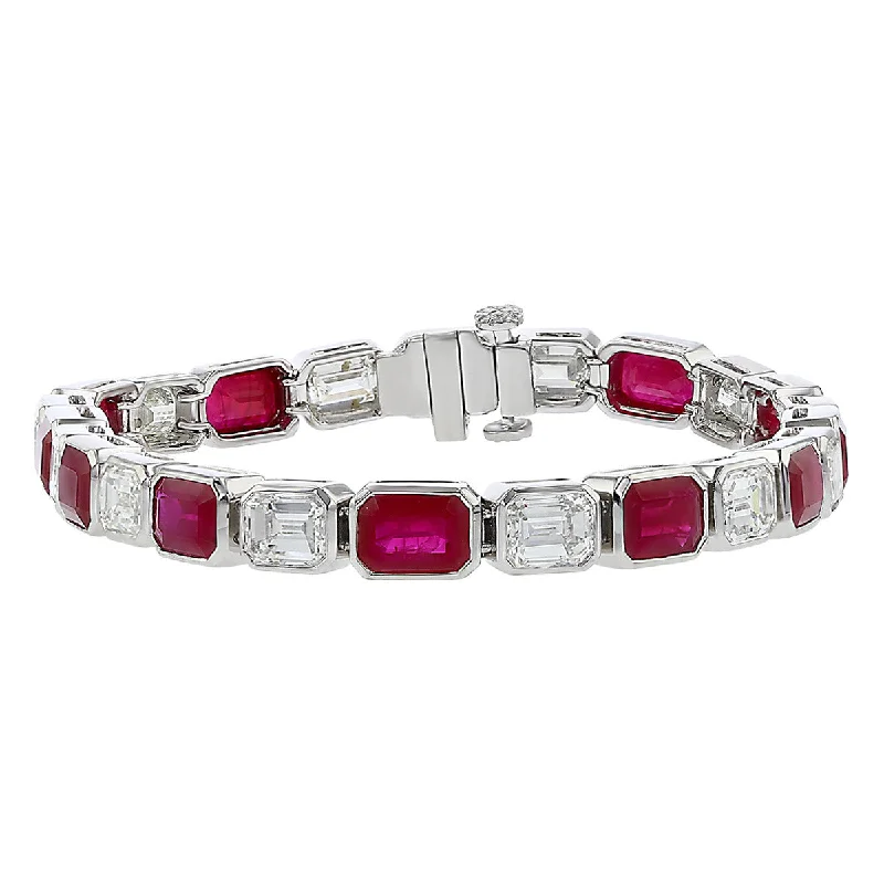 ladies-pearl-rose-gold-bracelets-Platinum Emerald-cut Ruby and Asscher Diamond Bracelet