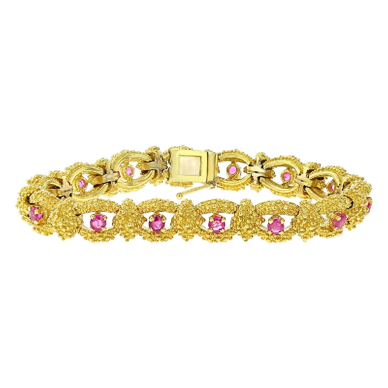 ladies-unique-cuff-link-bracelets-Mid-Century 18K Yellow Gold Ruby Link Bracelet