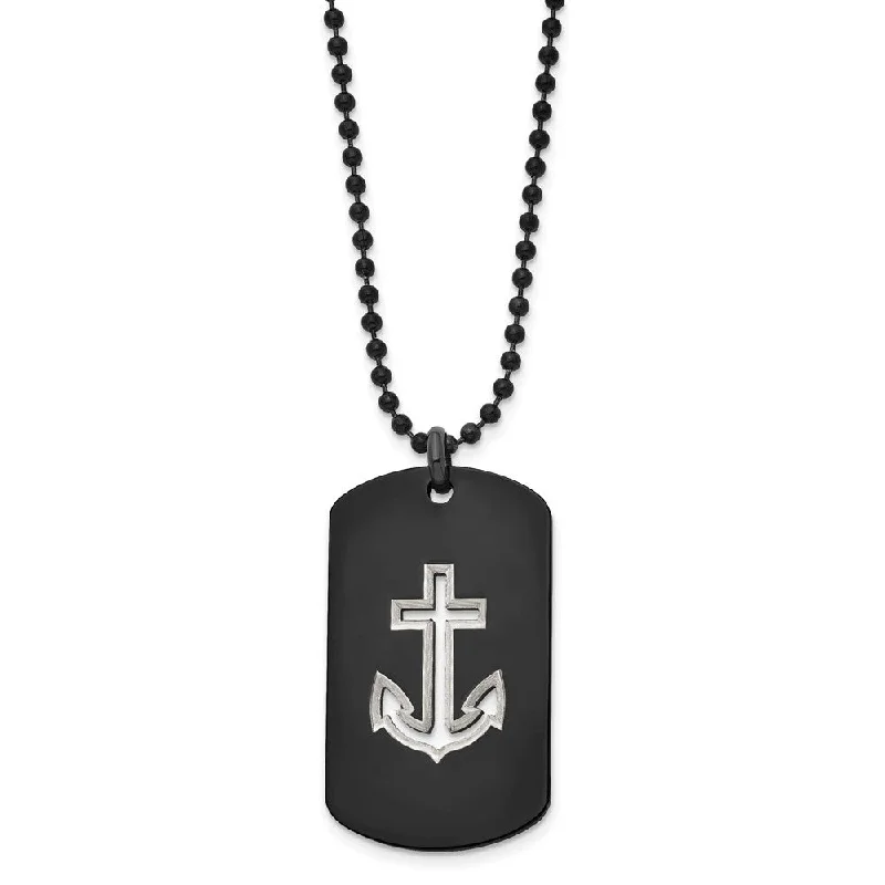 ladies-party-station-necklaces-Black Plated Stainless Steel Cutout Anchor Dog Tag Necklace, 22 Inch