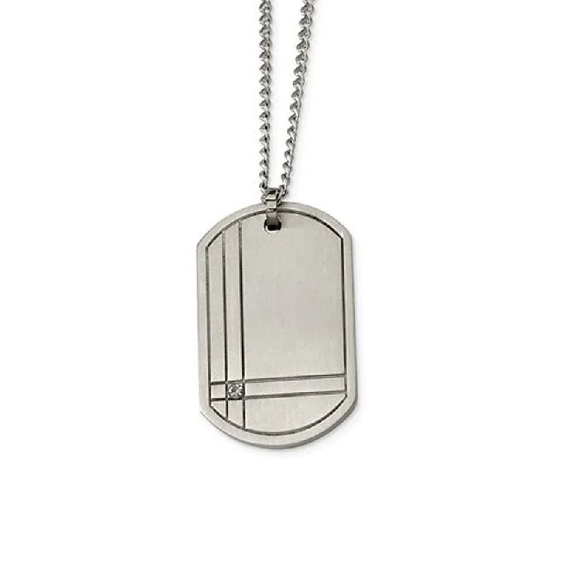 ladies-sterling-silver-snake-chain-necklaces-Titanium Grooved and Diamond Accent Dog Tag Necklace 22 Inch