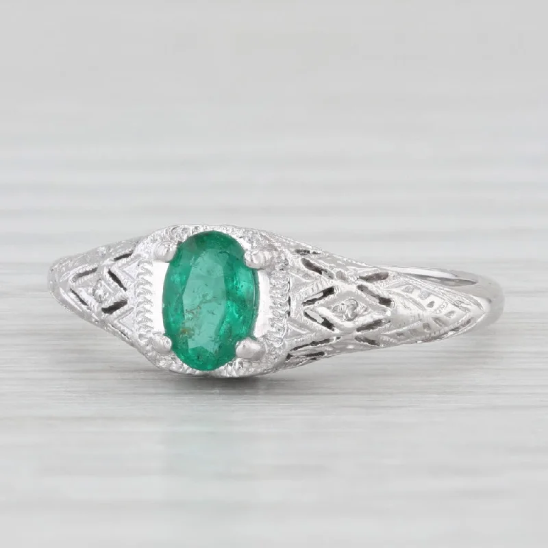 Ladies engagement rings with chord settings -0.40ct Oval Emerald Solitaire Ring 14k White Gold Engagement Vintage Filigree