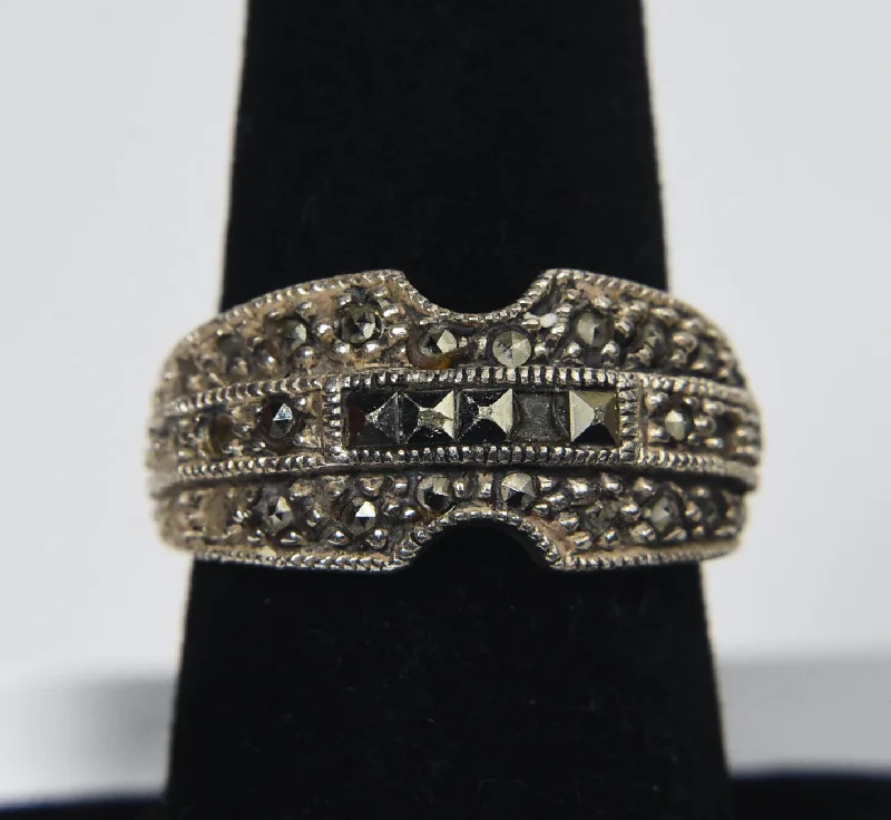 Ladies rings trendy elegance -Judith Jack - Vintage Sterling Silver Marcasite Art Deco Design Ring - Size 6.75