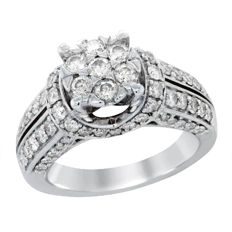 Ladies engagement rings unique vows -WHITE GOLD DIAMOND CLUSTER ENGAGEMENT RING, 1 3/8 CT TW