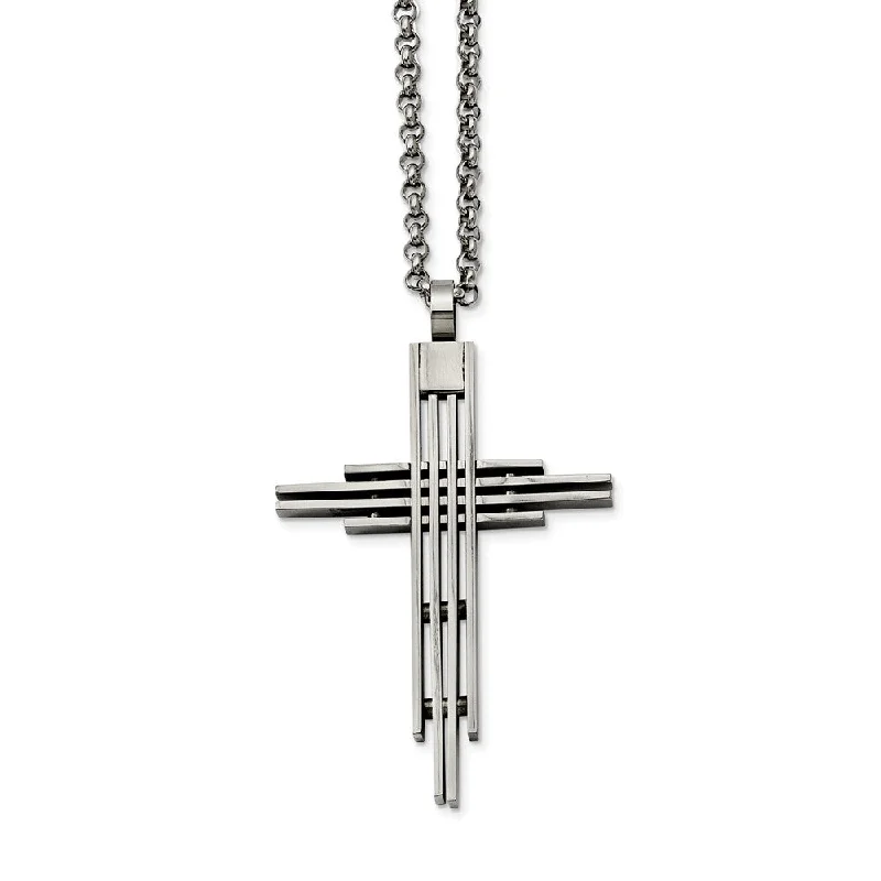 ladies-elegant-pendant-necklaces-Stainless Steel Brushed Cross Necklace - 24 Inch