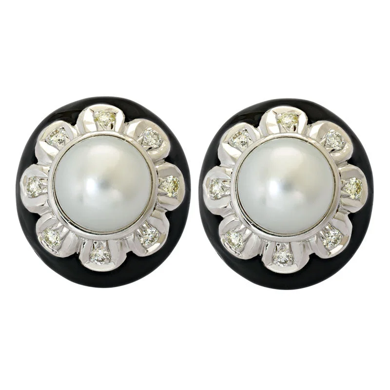 Ladies earrings for workday elegance -Earrings-South Sea Pearl and Diamond (Enamel)