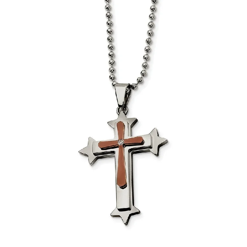 ladies-everyday-station-necklaces-Stainless Steel, Cognac Accent and Cubic Zirconia Cross Necklace