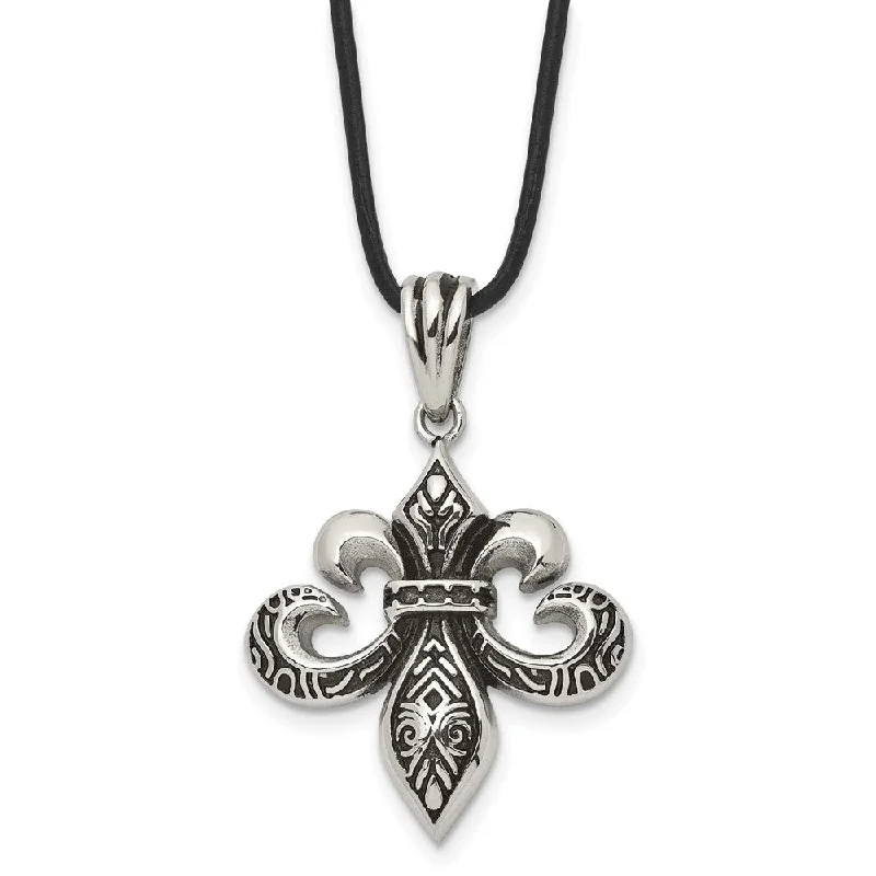 ladies-bohemian-rolo-chain-necklaces-Stainless Steel & Leather Cord Antiqued Fleur de lis Necklace, 20 Inch