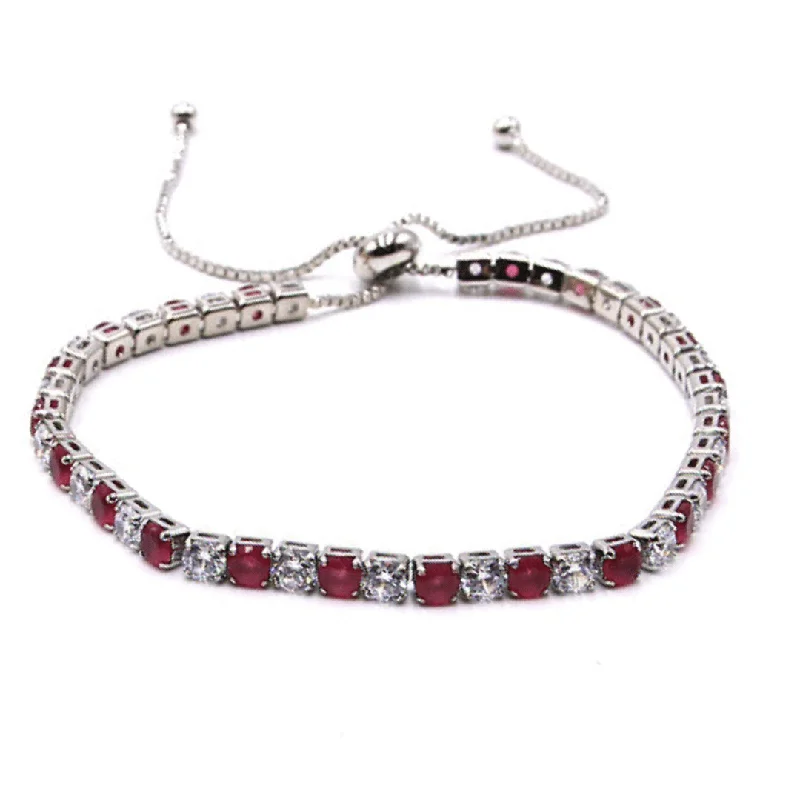 ladies-affordable-rose-gold-bracelets-Ruby Red & Clear CZ Tennis Bracelet In Silver