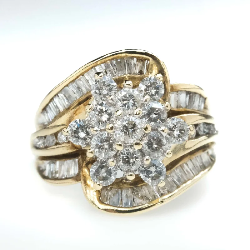 Ladies rings shining brilliance -2.28ctw Round & Baguette Cut Diamond Cluster Ring in 10K Yellow Gold