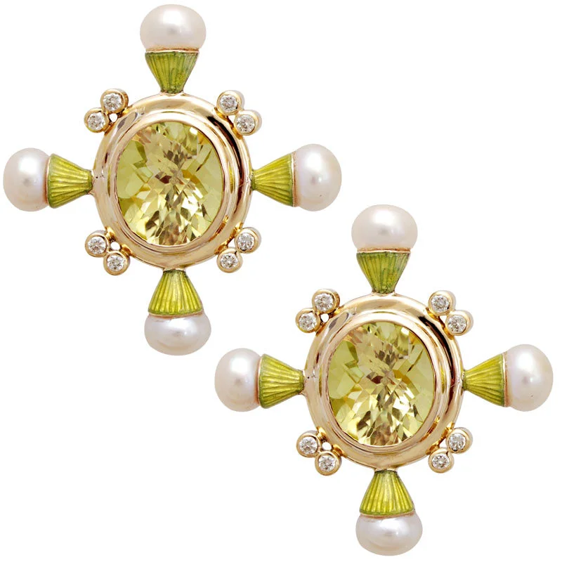 Ladies earrings for path charm -Earrings- Lemon Quartz, Pearl And Diamond(enamel)