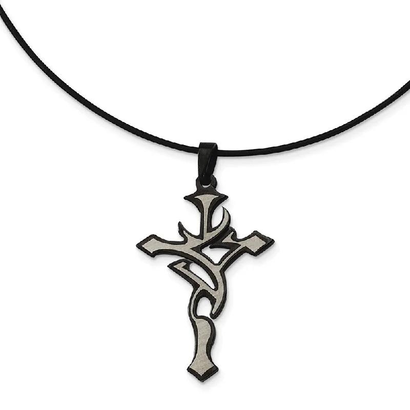 ladies-torque-pearl-necklaces-Stainless Steel, Black and Grey Accent Cross Necklace