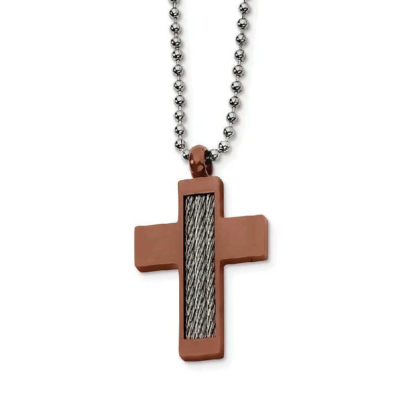 ladies-unique-rose-gold-necklaces-Stainless Steel and Cognac Accent Cross Necklace