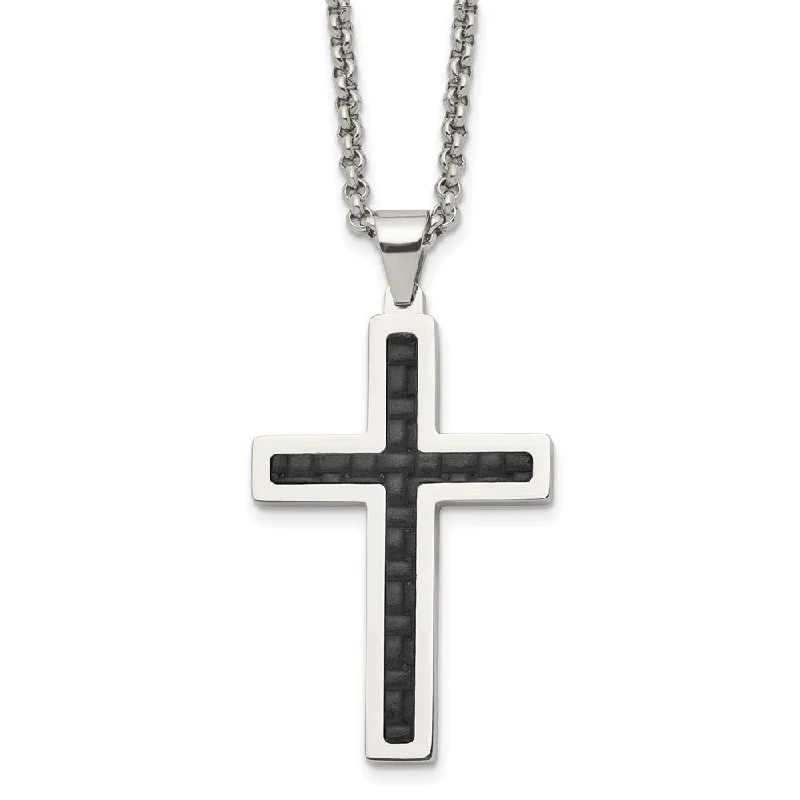 ladies-rose-gold-diamond-necklaces-Stainless Steel & Black Genuine Leather Inlay Cross Necklace, 20 Inch