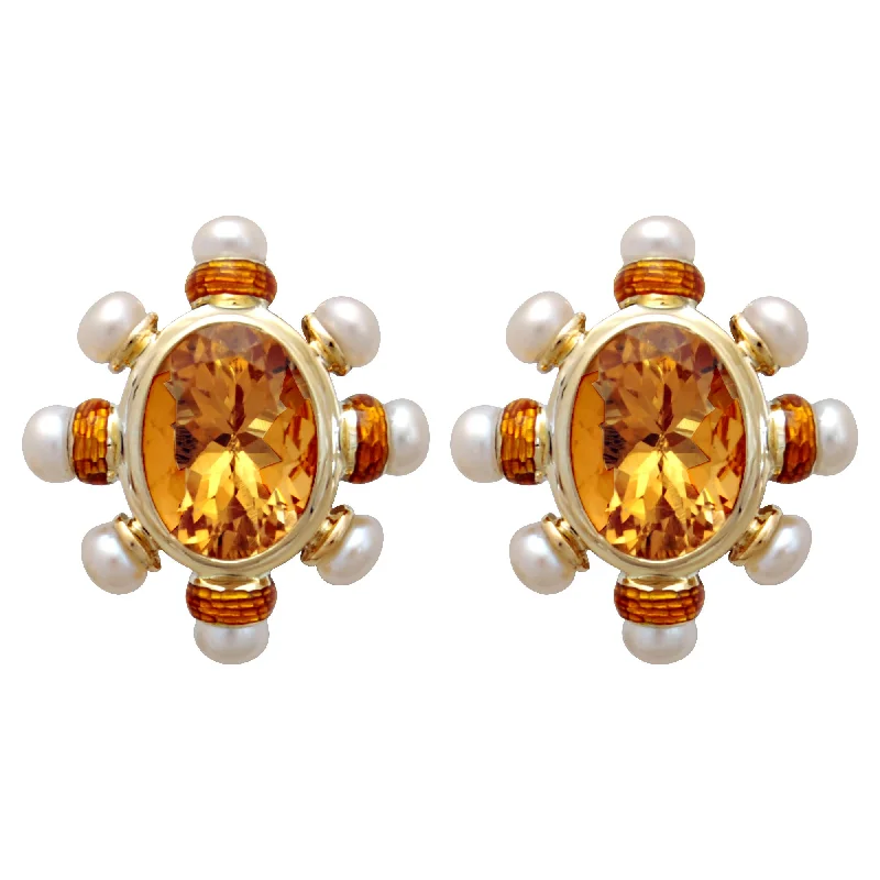 Ladies earrings hand-forged charm -Earrings- Citrine And Pearl(enamel)