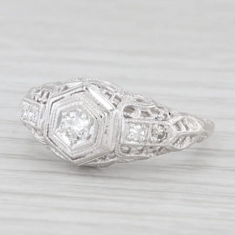 Ladies engagement rings fancy vows -0.16ct Diamond Filigree Ring 18k White Gold Size 6.25 Vintage Engagement