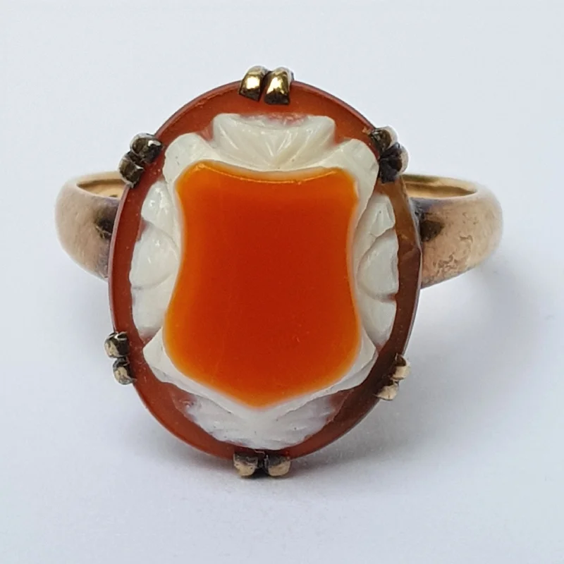 Ladies rings for finger stacks -14k Gold Orange And White Agate Shield Ring Size U.K Y Rare Antique circa 1920