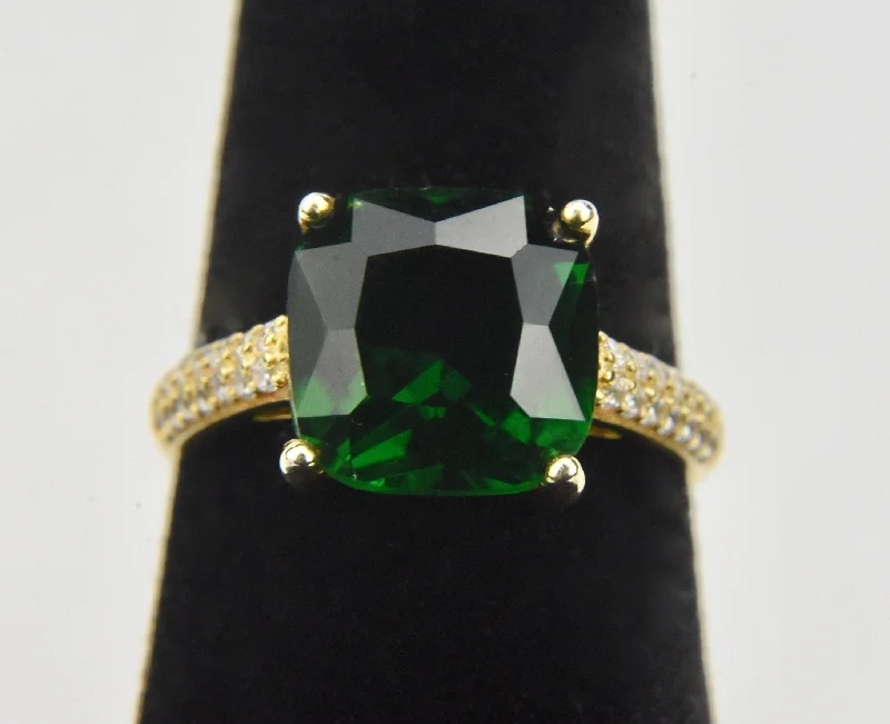 Ladies rings for brunch charm -Gold Tone Sterling Silver Ring with Simulated Emerald and Diamonds - Size 6.25