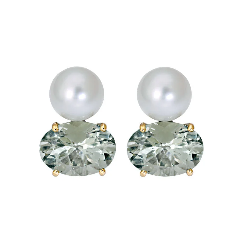 Ladies earrings with moissanite sparkle -Earrings- Green Quartz and South Sea Pearl