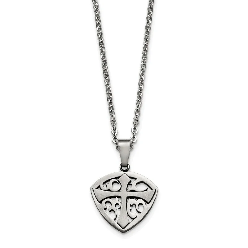 ladies-bohemian-pendant-necklaces-Polished and Brushed Shield Cross Necklace in Stainless Steel, 20 Inch