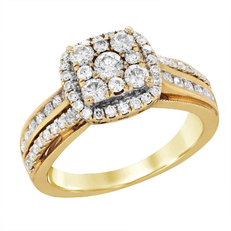 Ladies engagement rings for class-day love -YELLOW GOLD ENGAGEMENT RING WITH DIAMOND CLUSTER AND HALO, 3/4 CT TW