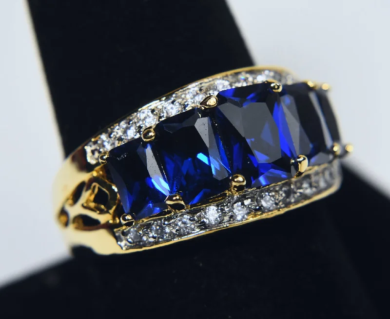 Ladies rings cute elegance -Gold Tone Imitation Blue Sapphire Ring - Size 9