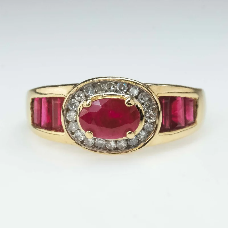 Ladies rings cute shine -0.50ct Natural Ruby & Diamond Accents Halo Ring in 14K Yellow Gold