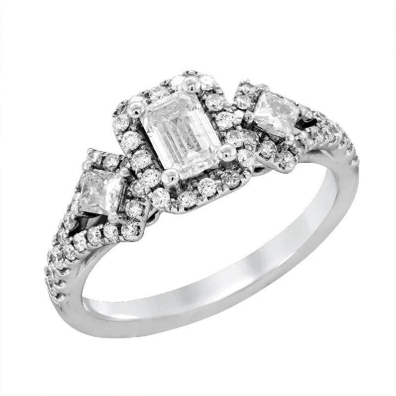 Ladies engagement rings for educator love -WHITE GOLD ENGAGEMENT RING WITH EMERALD AND PRINCESS CUT DIAMONDS, 1.00 CT TW