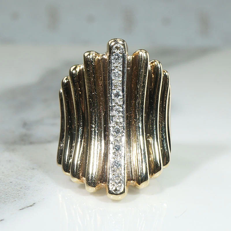 Ladies rings trendy shine -Dramatic Grooved Gold & Diamond Modernist Ring