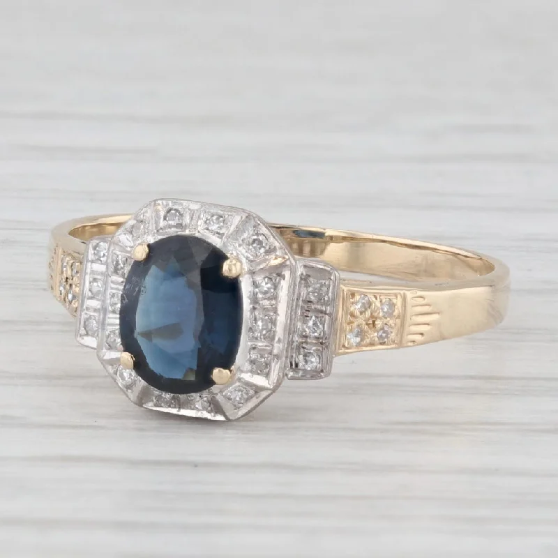 Ladies engagement rings for charity love -Vintage 1.1ctw Blue Sapphire Diamond Halo 14k Yellow Ring 14k Gold Engagement