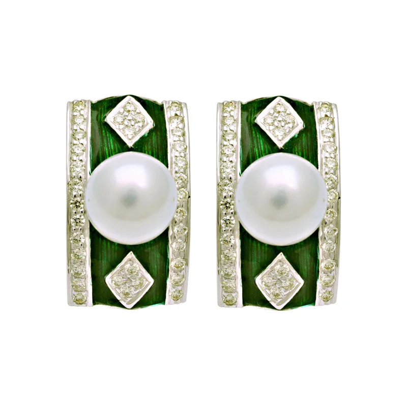 Ladies earrings for buddy gifts -Earrings-South Sea Pearl and Diamond (Enamel)