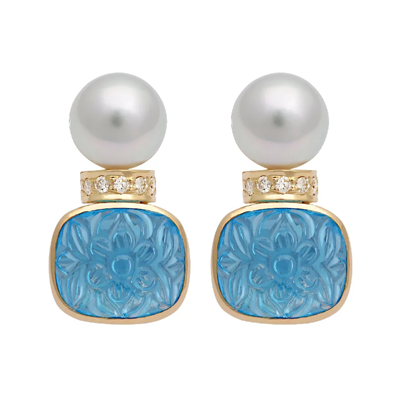 Ladies earrings with delicate etchings -Earrings - South Sea Pearl, Blue Topaz And Diamond