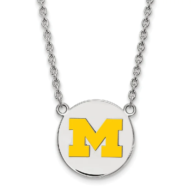 ladies-affordable-gold-necklaces-Sterling Silver U of Michigan Large Yellow Enamel 'M' Disc Necklace