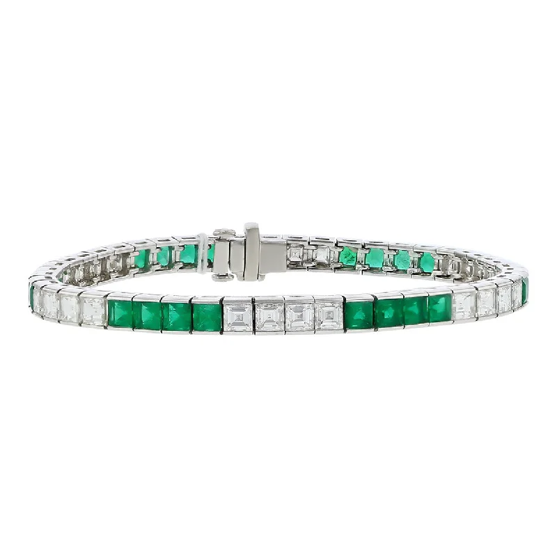 ladies-statement-charm-link-bracelets-Platinum Square-cut Emerald and Diamond Line Bracelet