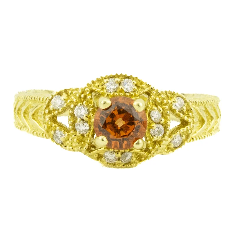 Ladies rings multi-ring elegance -0.91ctw Round Orange Padparadscha Sapphire & Diamond Accented Ring in 18K Yellow Gold - Size 8