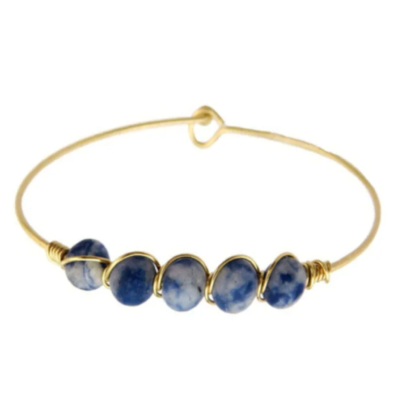 ladies-minimalist-bangle-stack-bracelets-Blue Sodalite Stone Beaded Gold Bangle Bracelet