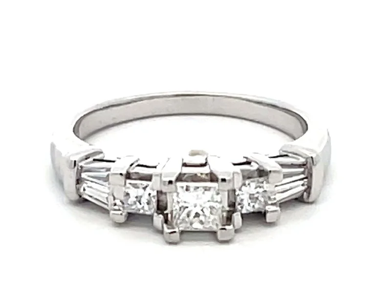 Ladies engagement rings ripple romance -Princess Cut Diamond and Baguette Engagement Ring 14k White Gold