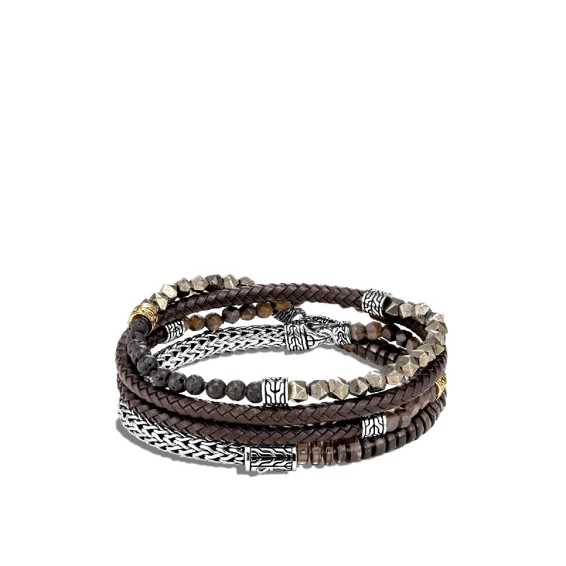 ladies-affordable-link-chain-bracelets-John Hardy Leather Wrap Bracelet, Smoky Quartz, Tiger Iron BMZS90470