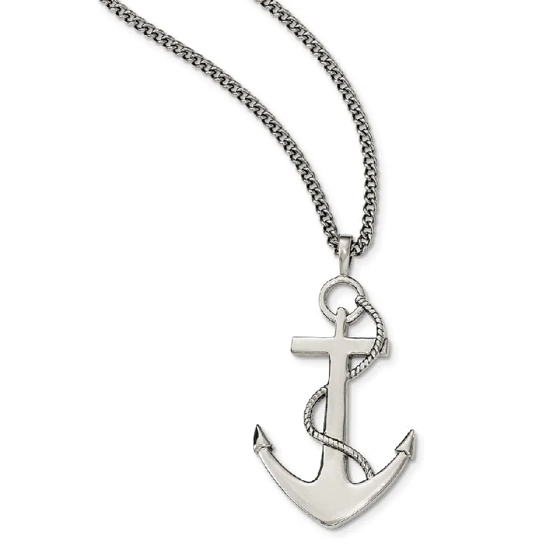 ladies-vintage-pendant-necklaces-Large Polished Anchor Necklace in Stainless Steel, 24 Inch