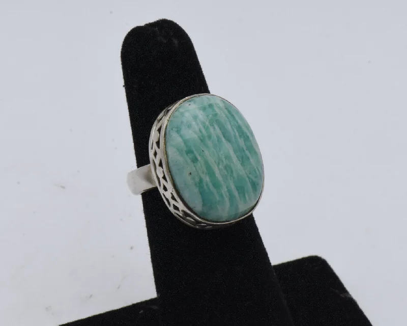 Ladies rings with pearl accents -Vintage Handmade Amazonite Sterling Silver Ring - Size 5.5