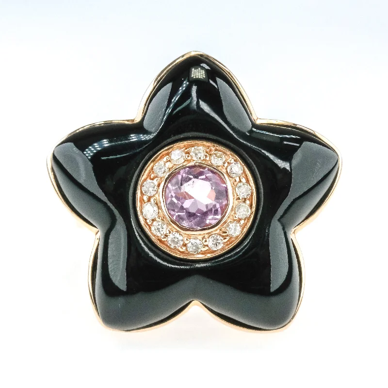 Ladies rings with twist designs -0.40ct Amethyst w/ Diamond Halo Accents Flower Shaped Onyx Ring in 14K Rose Gold