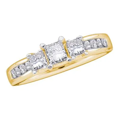 Ladies engagement rings for chill unions -14K YELLOW GOLD PRINCESS DIAMOND 3-STONE BRIDAL ENGAGEMENT RING 7/8 CTTW (CERTIFIED)