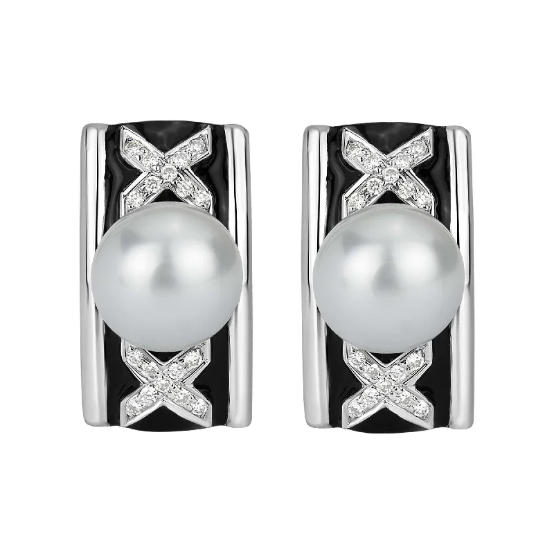 Ladies earrings with pine drops -Repair - Earrings - South Sea Pearl & Diamond with Enamel (304CS) in Sterling Silver